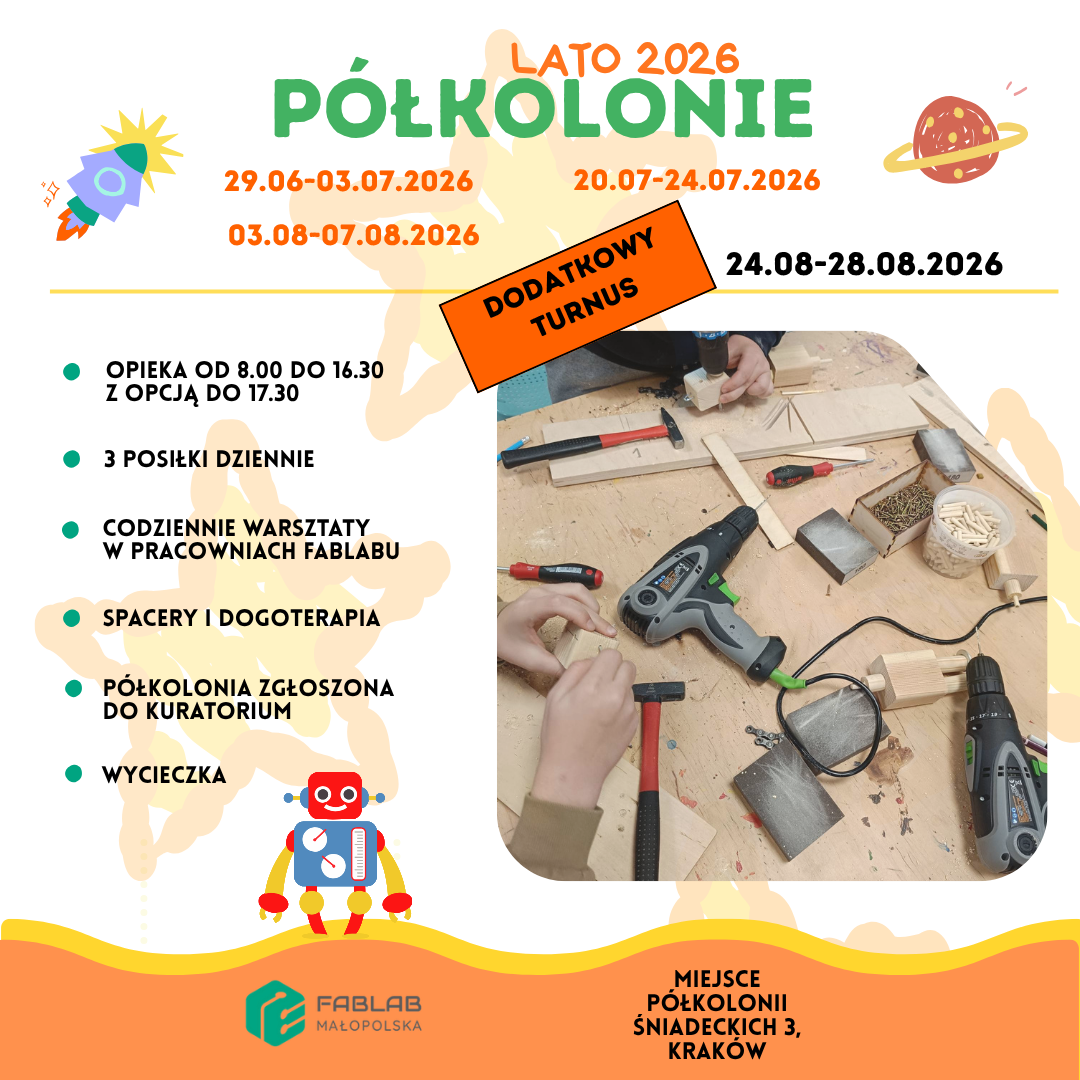 Informacje o półkoloniach w FabLab Małopolska i zdjęcie narzędzi do majsterkowania
